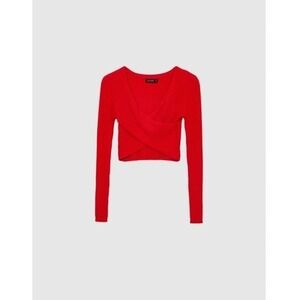 Express Red Cropped Sweater Top Long Sleeve Square Neck Ribbed Knit - Size‎ L